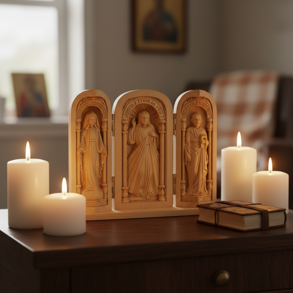 The beechwood Travel Altar open on a dresser between candles