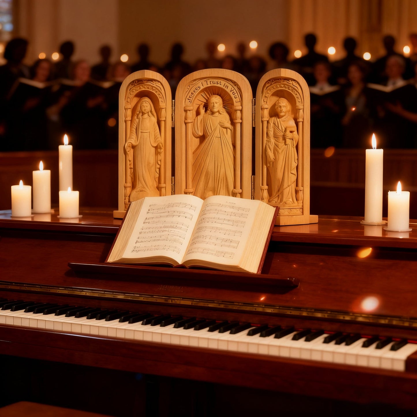 The boxwood Travel Altar open on a piano by candlelight