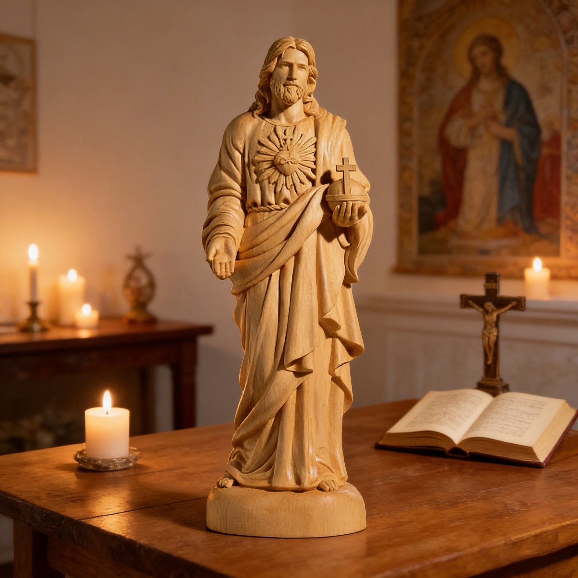 The Sacred Heart of Jesus statue on a table beside a candle in soft light