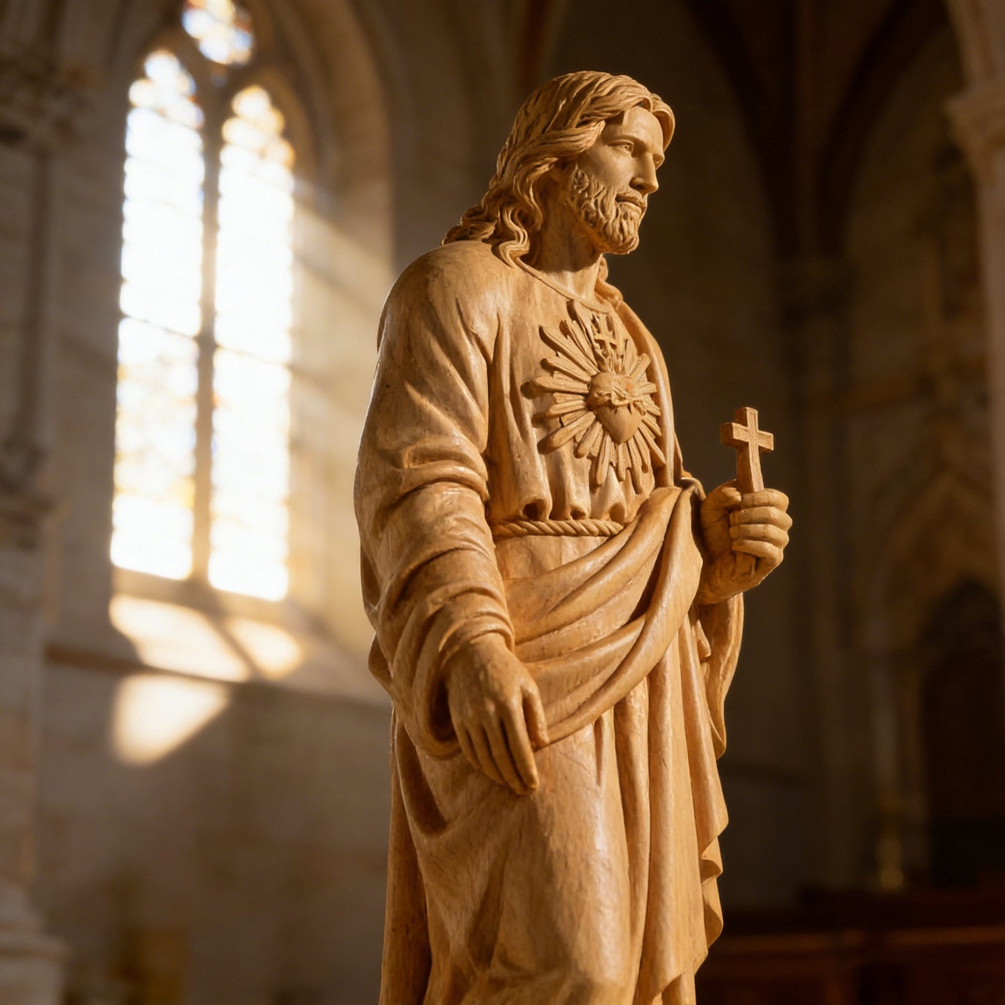 The Sacred Heart statue standing beside an open bible