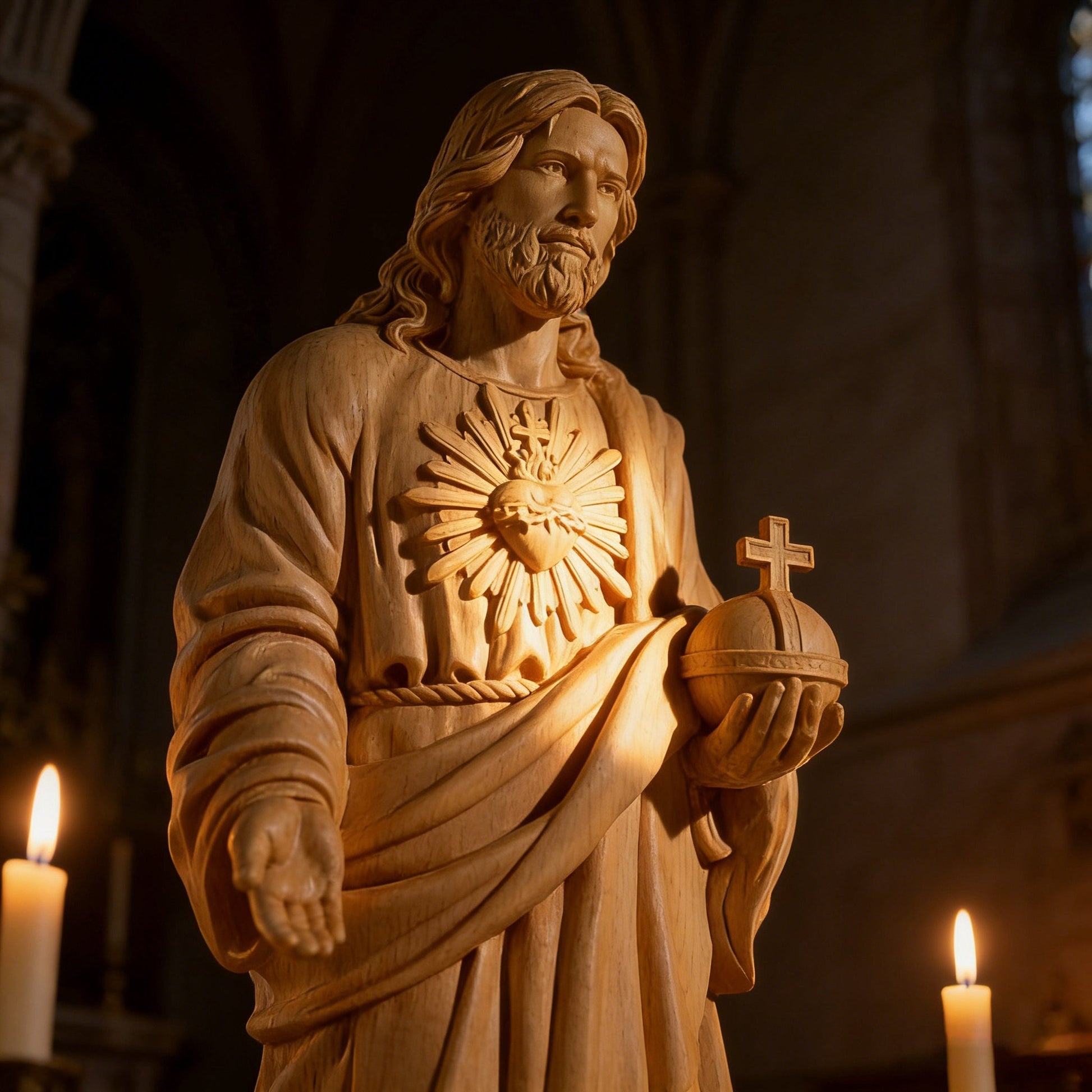 Close view of the Sacred Heart and the orb held in Christ's hand