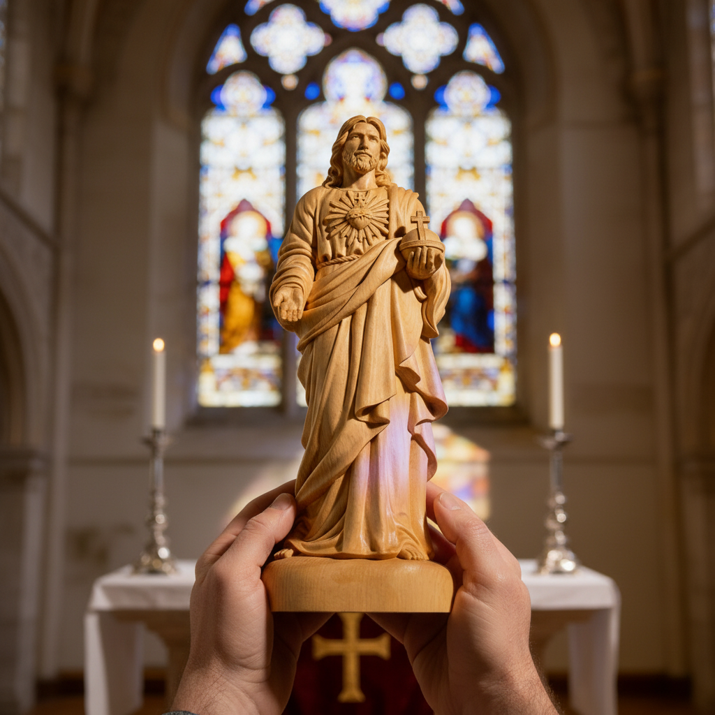 The Sacred Heart statue held in two hands before a stained glass window