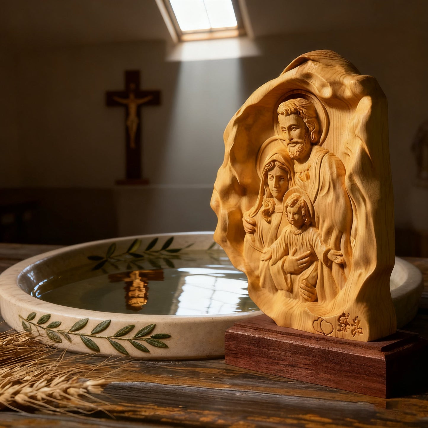 The live-edge Holy Family carving beside a baptismal font