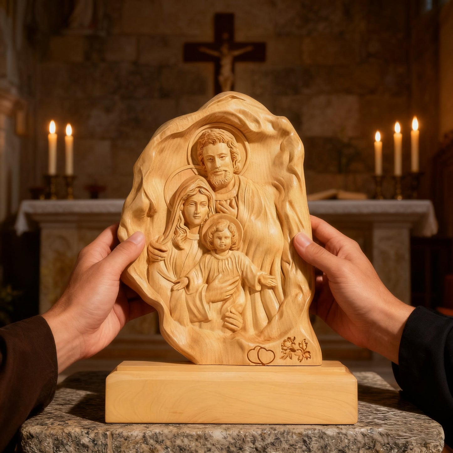 The Holy Family relief held in two hands