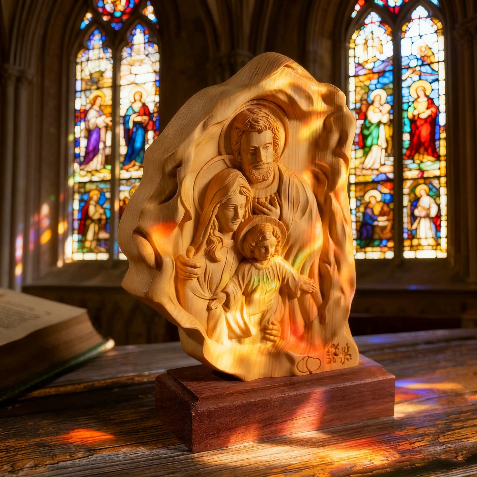 The boxwood Holy Family lit warm before stained glass