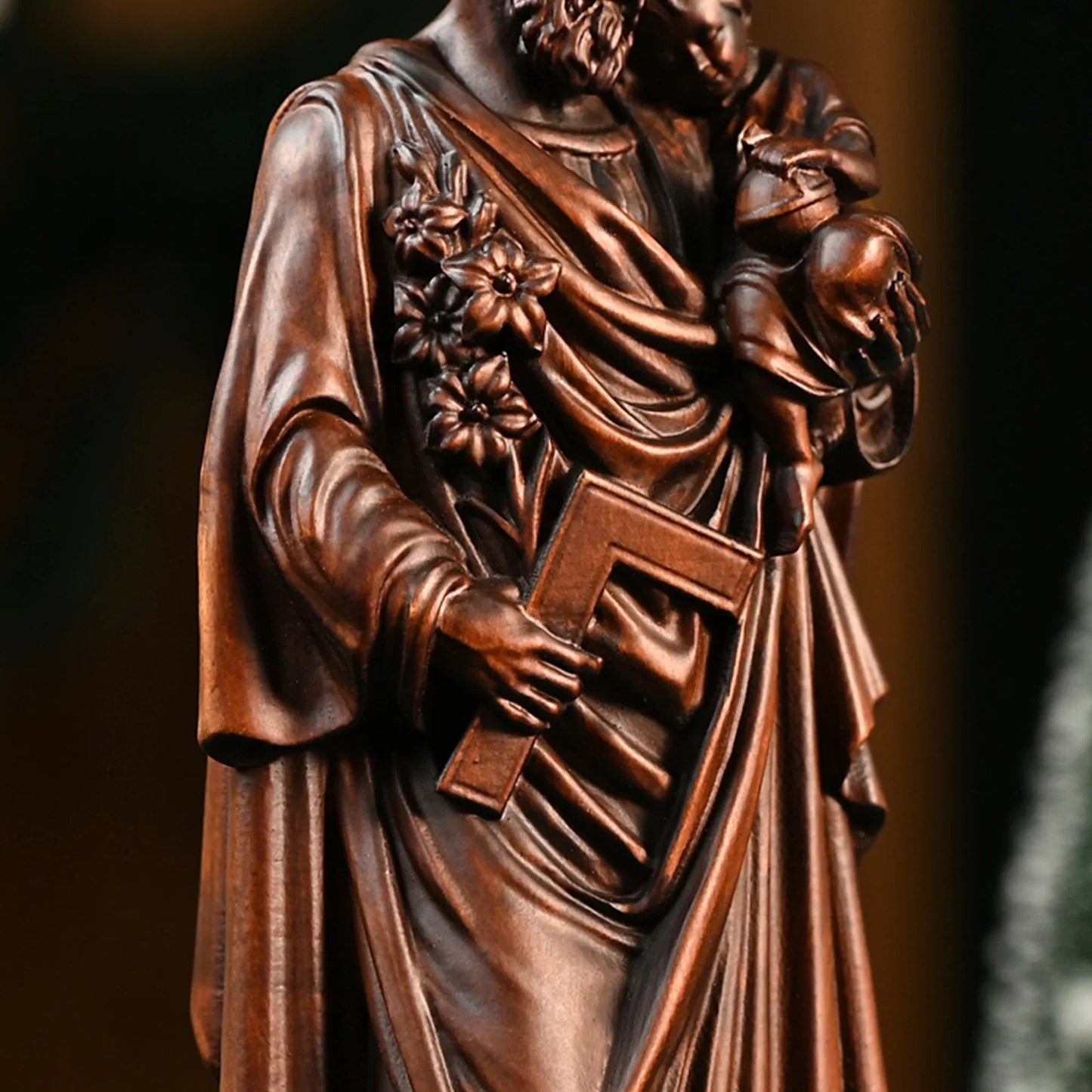 St. Joseph and the Child, close detail of the carved boxwood