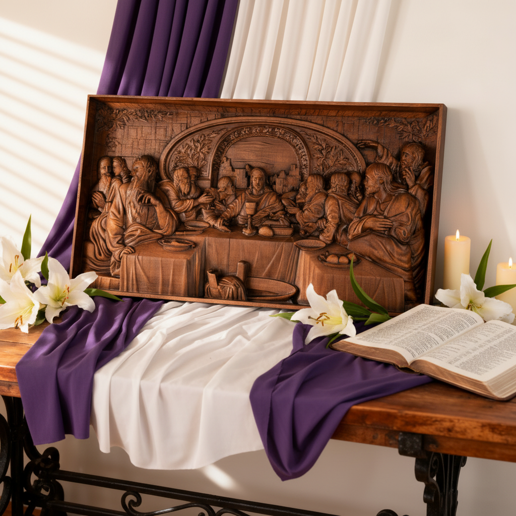 The Last Supper Panel on a table with a purple cloth, lily, and open bible