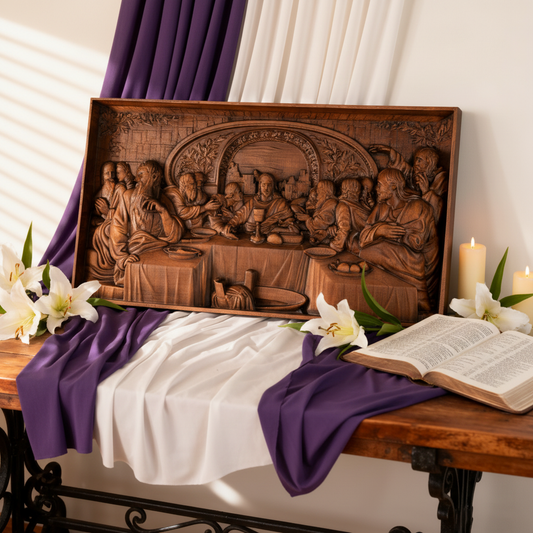 The Last Supper Panel on a table with a purple cloth, lily, and open bible