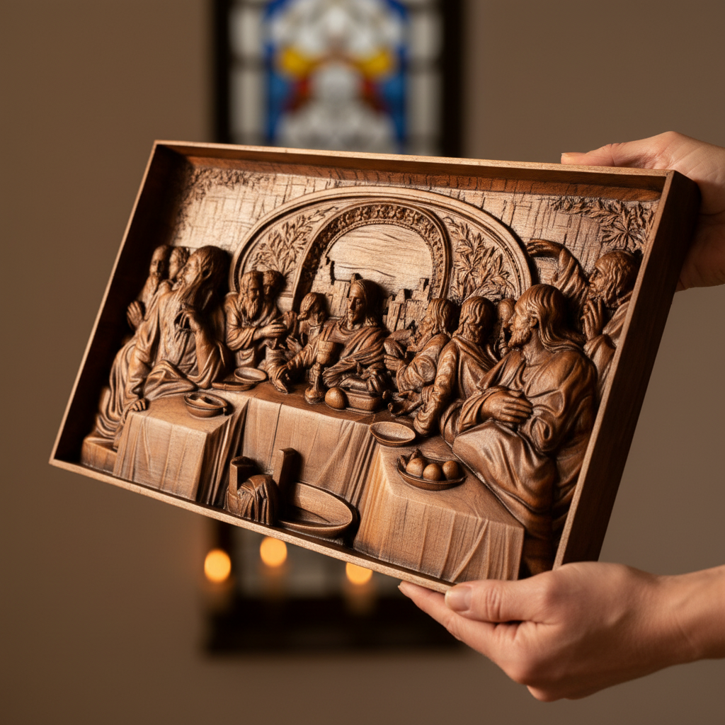 The carved Last Supper Panel held in two hands