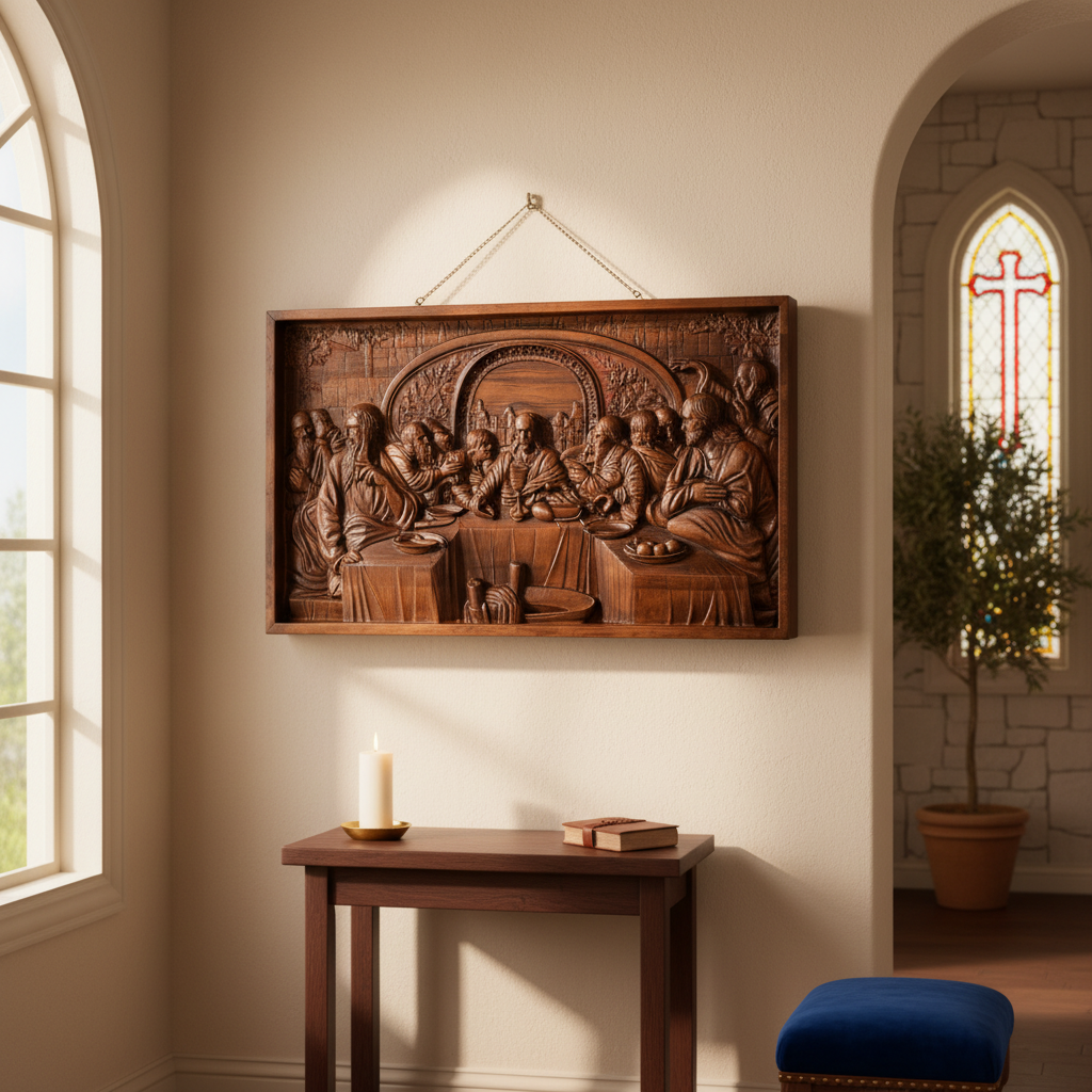 The Last Supper Panel on white linen with lilies