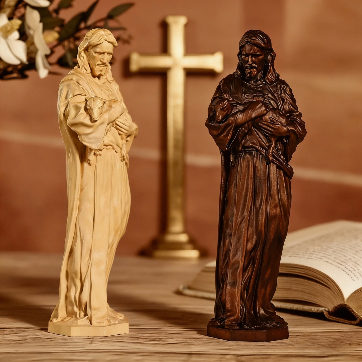 The Good Shepherd in the vintage finish standing beside a cross