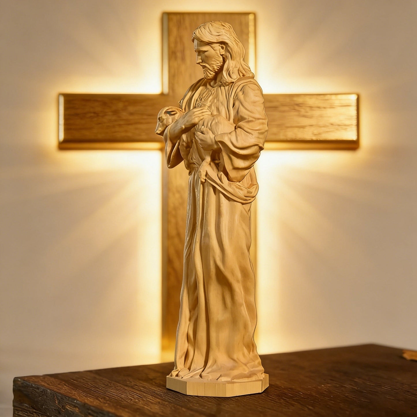 The Good Shepherd statue lit before a glowing wooden cross