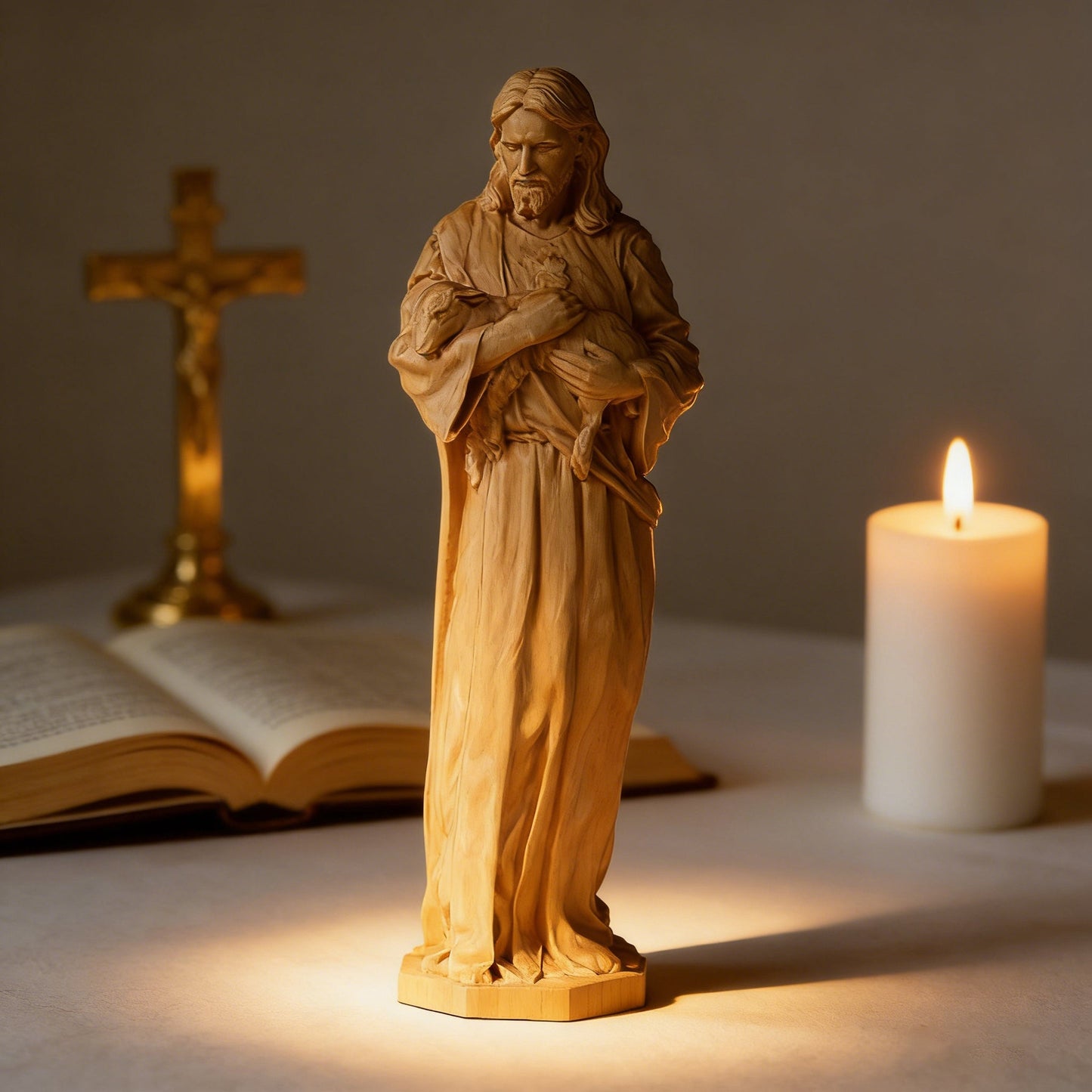 The Good Shepherd on a table with a candle, bible, and crucifix