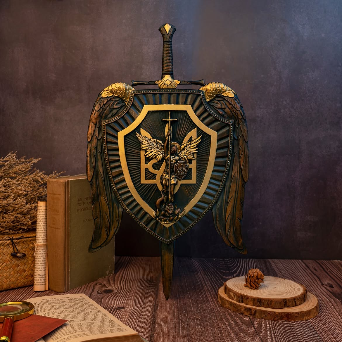 Winged shield and sword of St. Michael carving standing against a dark wall