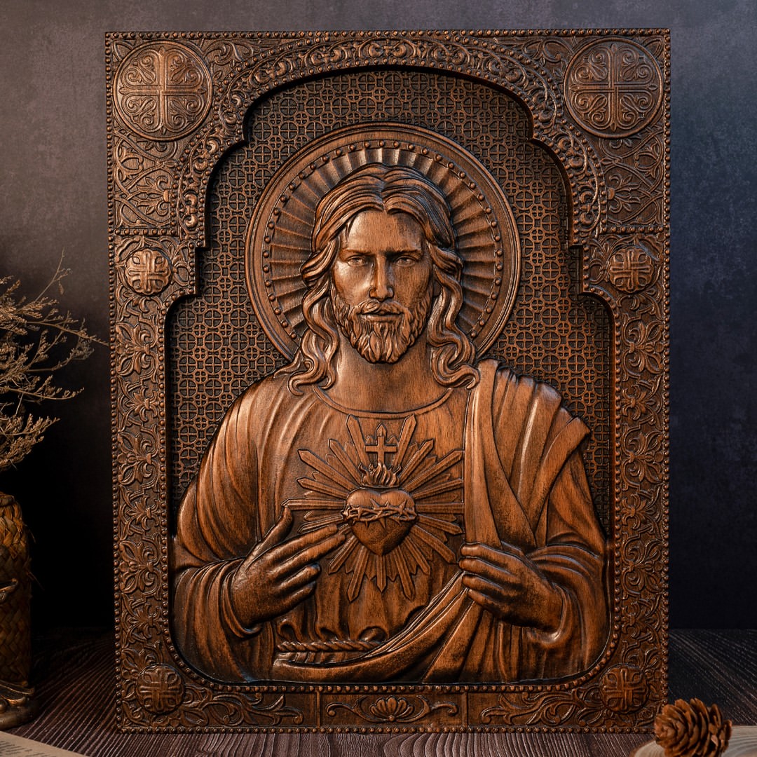Sacred Heart of Jesus icon carved in beechwood relief with arched lace-patterned border