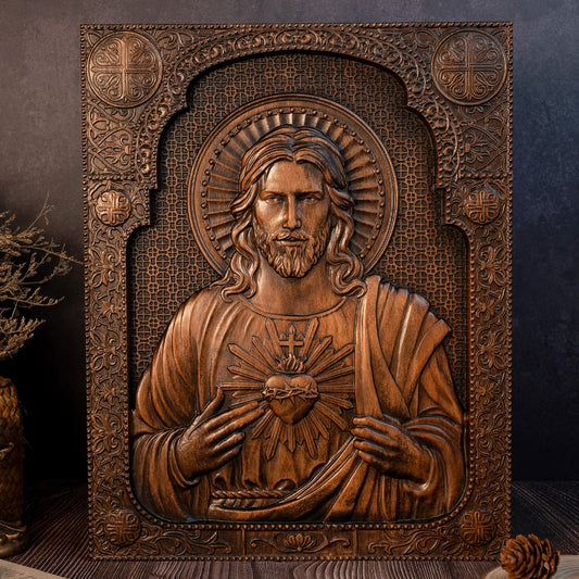 Sacred Heart of Jesus icon carved in beechwood relief with arched lace-patterned border