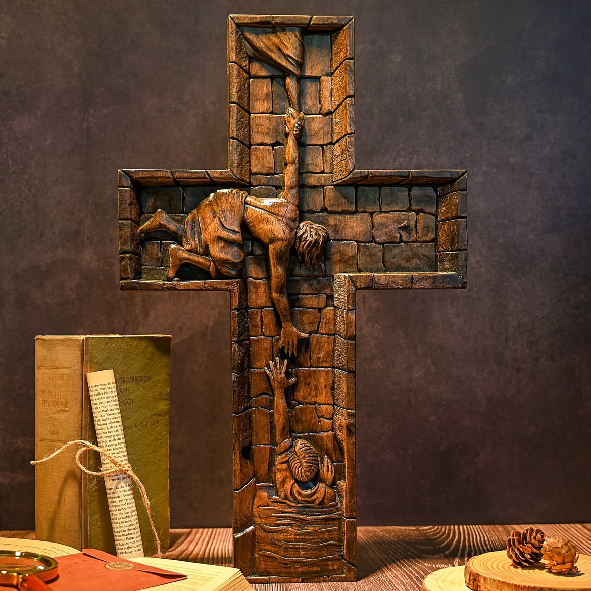 The Savior Cross standing on a walnut table — carved brick relief of Christ reaching down to a man in the water