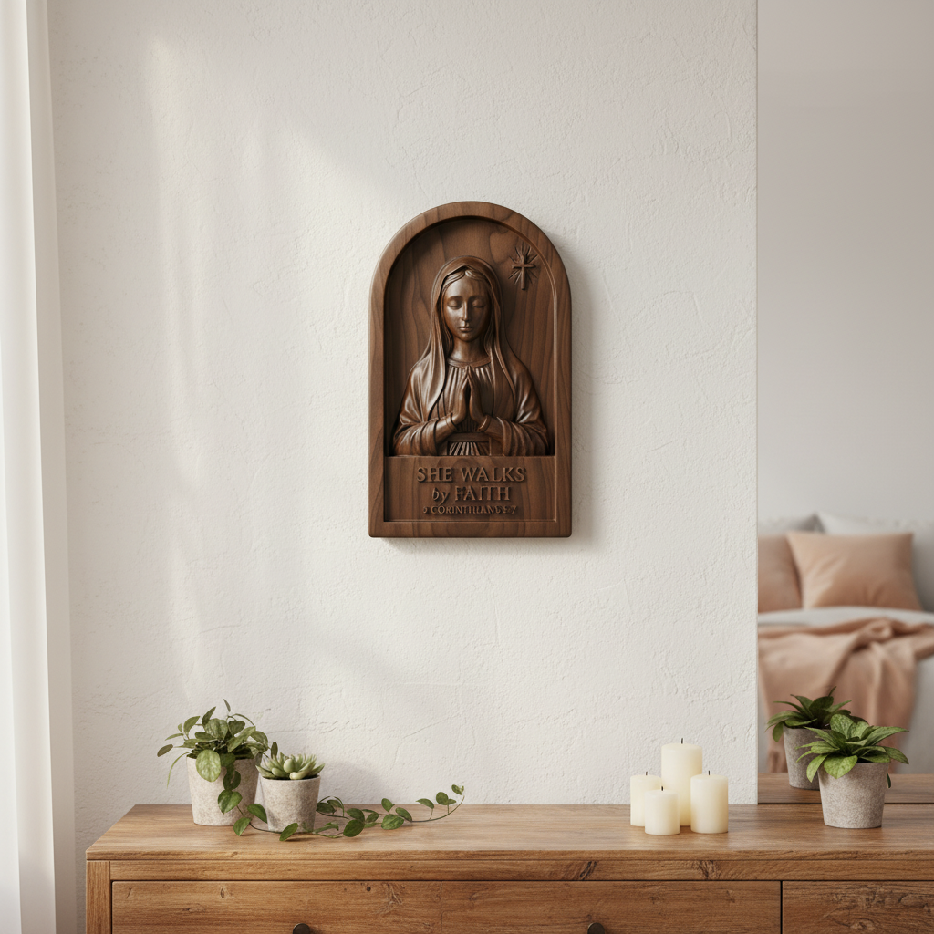She Walks by Faith carved wall plaque above a wooden credenza with candles and plants