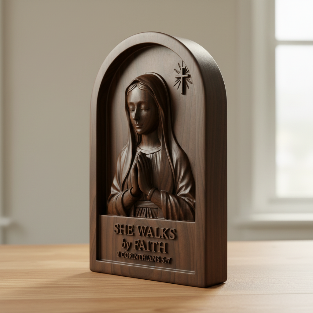 She Walks by Faith plaque standing on a table by a bright window