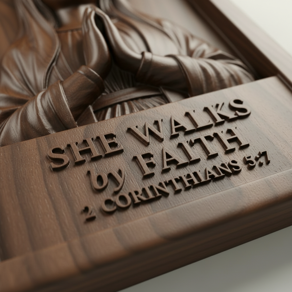 Close detail of the carved lettering: She Walks by Faith, 2 Corinthians 5:7