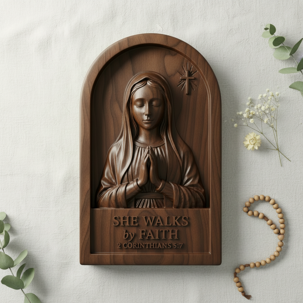 She Walks by Faith plaque lying on white linen beside a wooden rosary