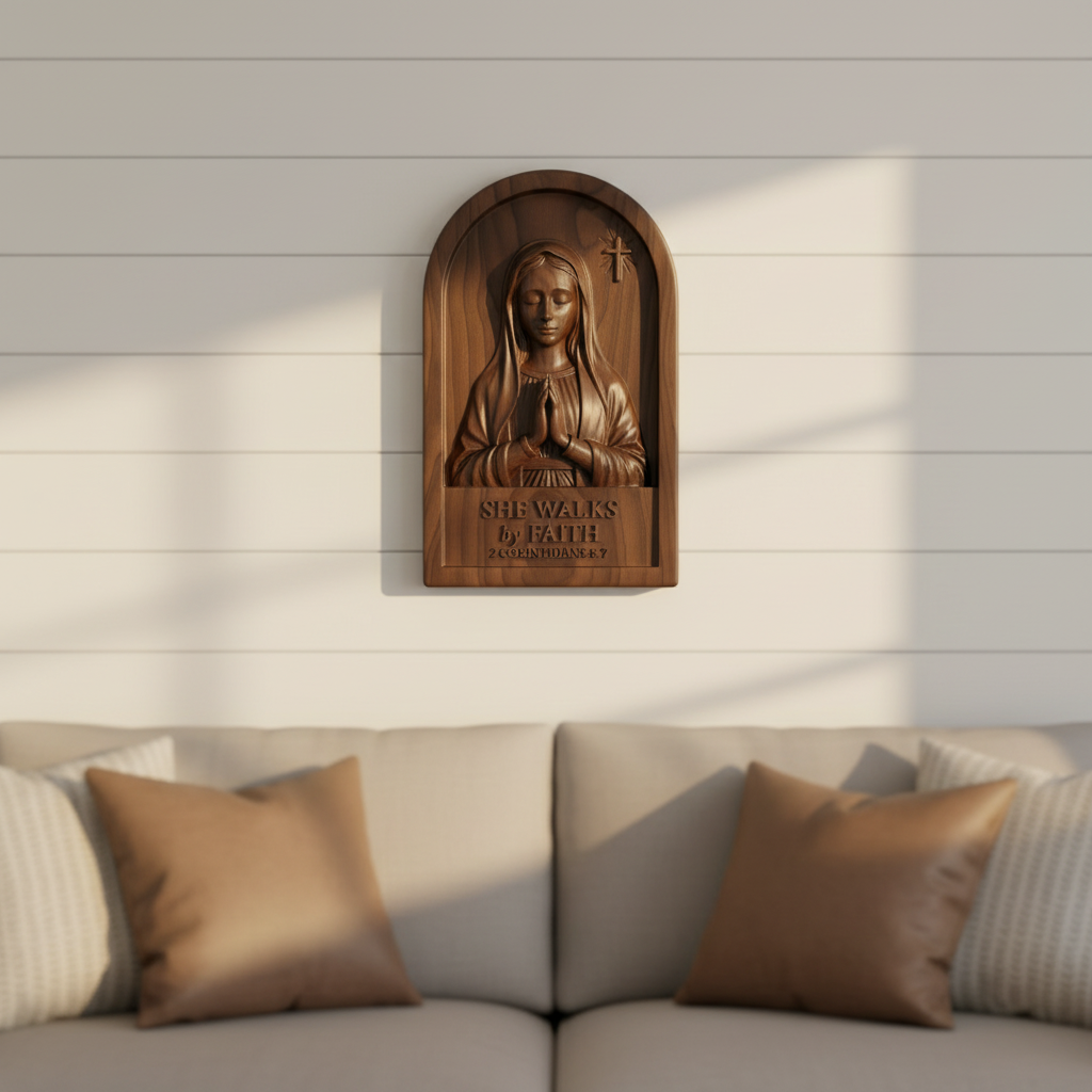 She Walks by Faith plaque on a shiplap wall above a sofa