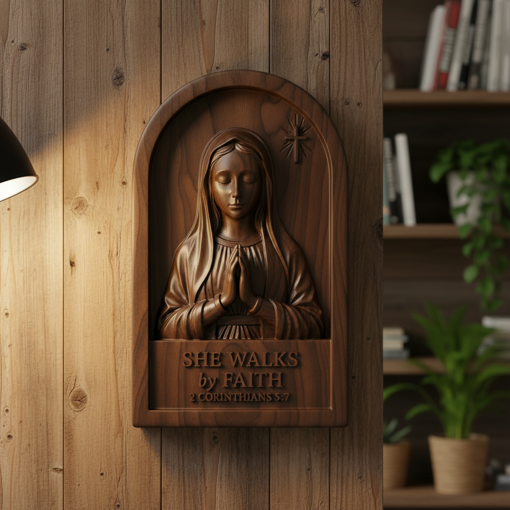 She Walks by Faith plaque on a wood-plank wall beside a bookshelf
